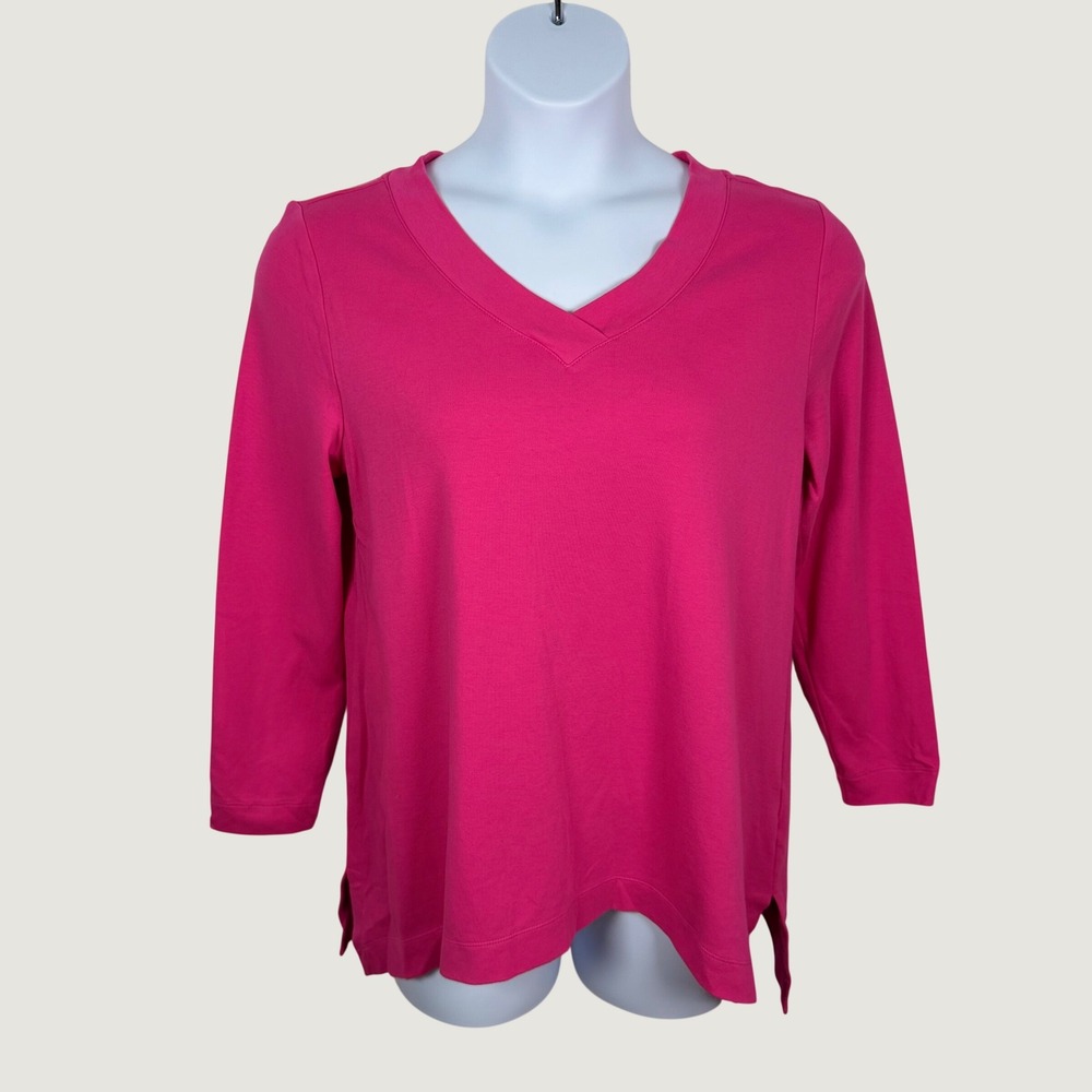 Isaac Mizrahi Live Essentials L Pink V-Neck 3/4 Sleeve Top A370268 Trapeze Hem